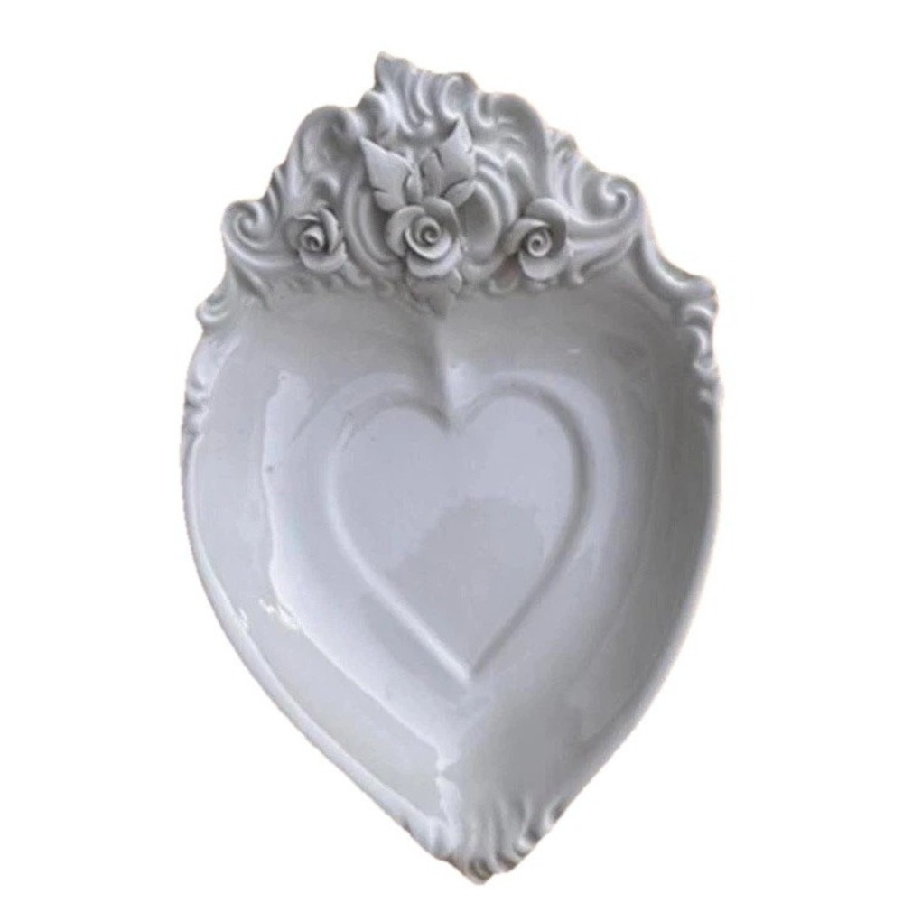 Crafted Italian Romantic Heart Shape‎ Trinket Dish Floral Accent White Porcelain